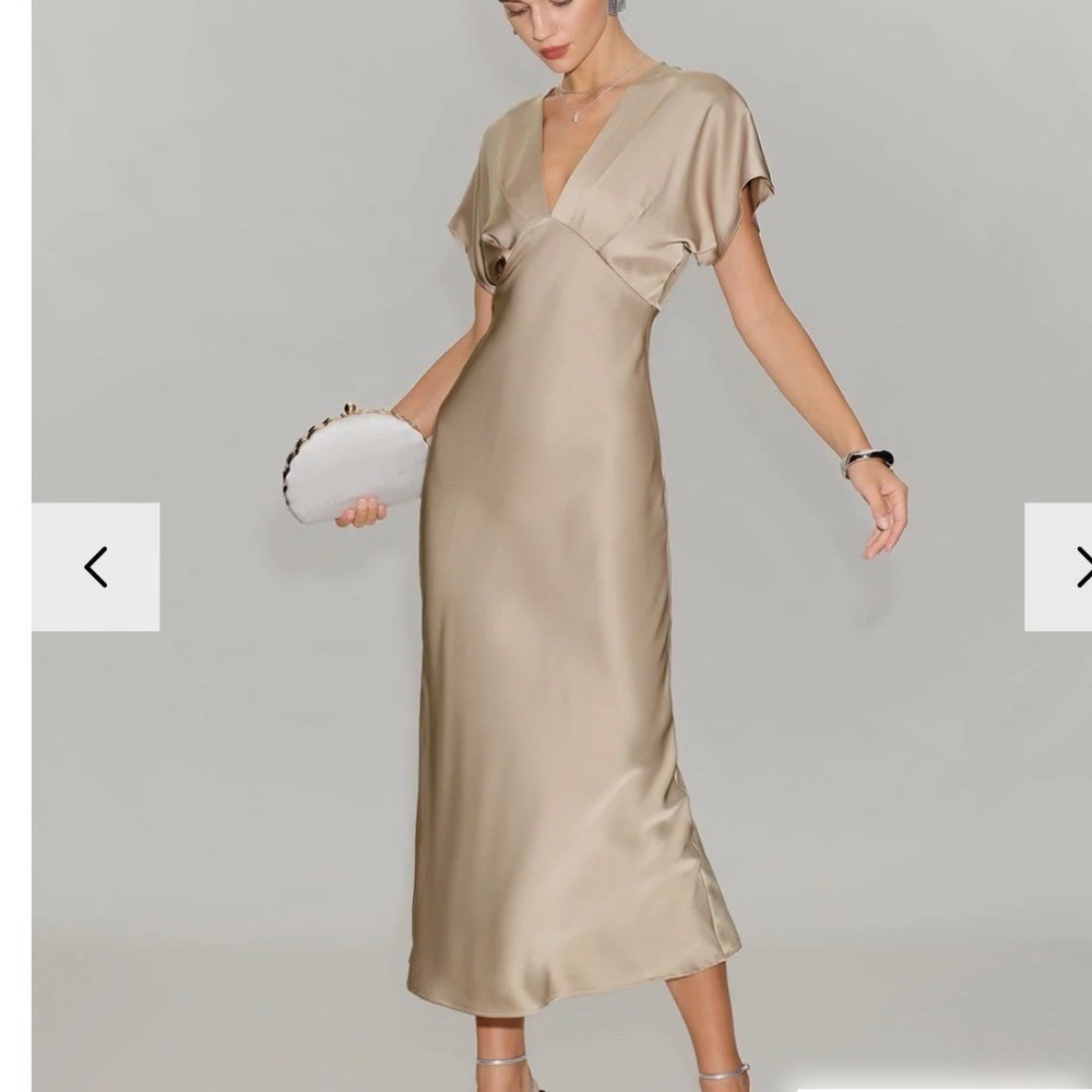 RIHOAS Womens Apricot Satin V Neck A-Line Midi Dress Apricot Relax Fit XS - Picture 3 of 16